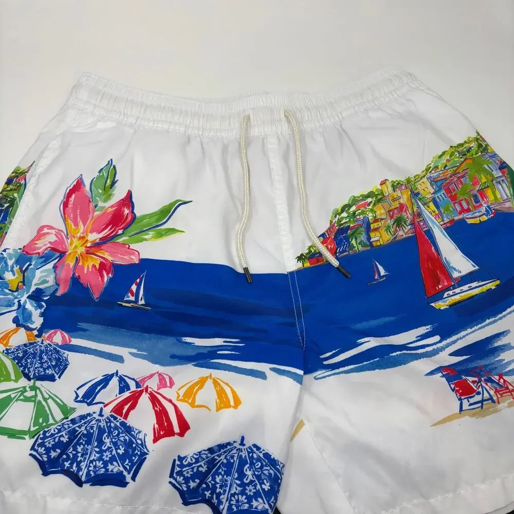 Polo Ralph Lauren Mens Large Multicolor Beach Pattern Stretch Waist Swim Trunks